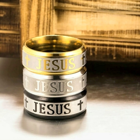 Gold Stainless Steel JESUS Insignia Emblem Embossed Engraved 8mm 8mm Band Ring - Picture 14 of 16